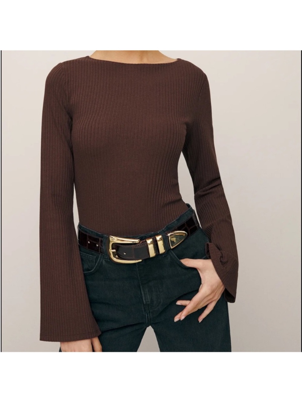 Reformation Millet Ribbed Long Sleeve Top in Chocolate Brown